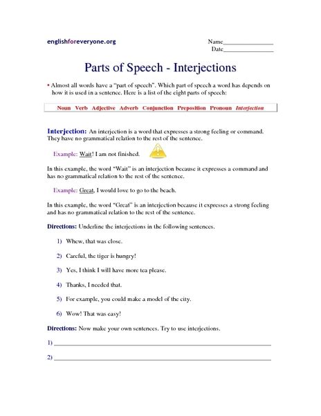 Parts Of Speech Interjections Worksheet For 5th 6th Grade Lesson Planet