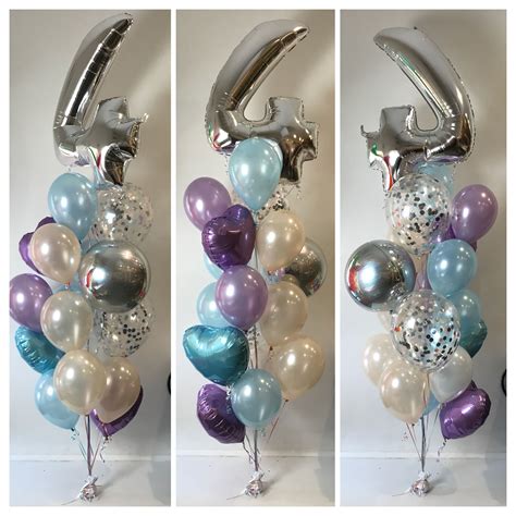 Customised balloon bouquet. With megaloon, orbs, hearts and confetti balloons. Light blue, pearl ...
