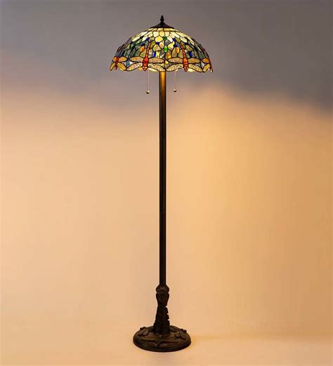 Tiffany Style Stained Glass Floor Lamp With Dragonfly Motif And Metal