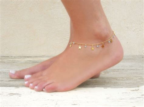 Star Charms And Beads Anklet Gold Star Anklet Delicate Gold Anklet