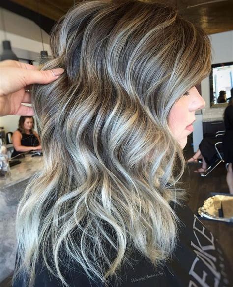 Brown Wavy Hairstyle With Gray Highlights Gray Hair Highlights