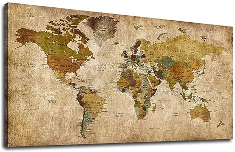 Vintage World Map Canvas Wall Art Picture Large Antiqued