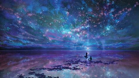 Wallpaper Landscape Anime Galaxy Stars Clouds Nebula Couple