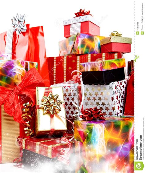 A Pile Of Christmas Ts In Colorful Wrapping Stock Image Image Of