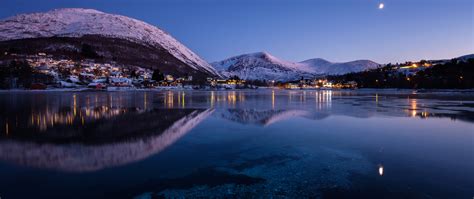 2560x1080 Norway Mountains Evening Lake Cities Night 2560x1080
