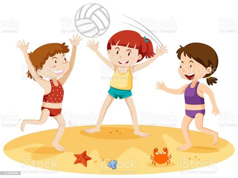 Ilustración De Tres Chicas Jugando Con Una Pelota En La Playa Y Más