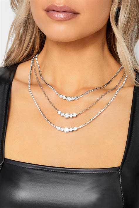 Silver Triple Layer Diamante Necklace Yours Clothing