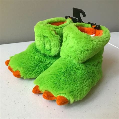 Toddler Kids 7 8 Dinosaur Feet Slippers Plush Fur Green Orange Dragon