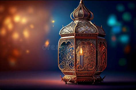 Ornamental Arabic Lantern With Burning Candle Glowing At Night Muslim