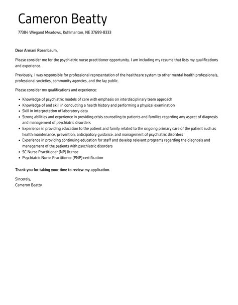 Psychiatric Nurse Practitioner Cover Letter | Velvet Jobs
