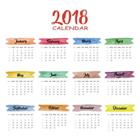 Calendar 2018 Multicolor Design Vector Free Download