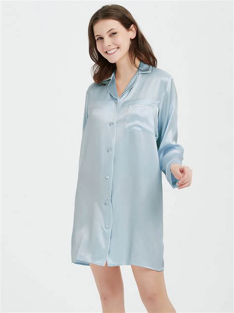 Long Sleeve Silk Nightshirt Sleepshirt Button Down Top For Women