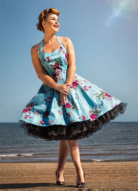 Retro Blue Floral Halter Neck Swing Dress With Black Petticoat In 2020