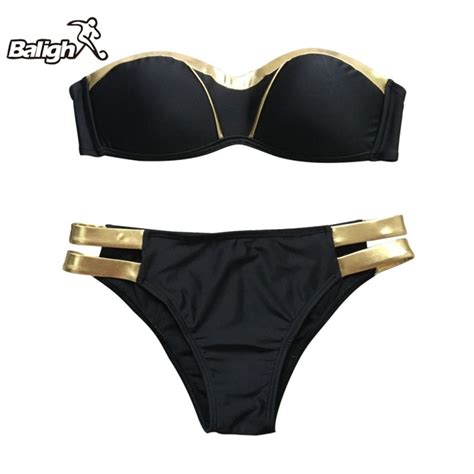 Women Sexy Push Up Strapless Black Bikinis Gold Gilding Bikini Sexy