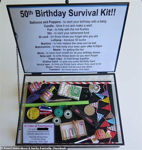 10 of the best 50th birthday gift ideas. Woman gifts her friend a 'survival kit' for her 50th ...