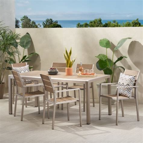 Martina Outdoor Modern Aluminum And Faux Wood 6 Seater Dining Set