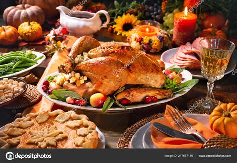 Thanksgiving Dinner Roasted Turkey Garnished Cranberries Rustic Style Table Decoraded Stock