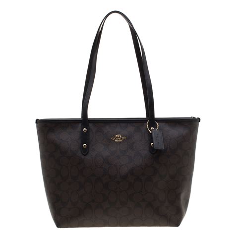 Coach Brownblack Signature Coated Canvas City Zip Tote Coach The