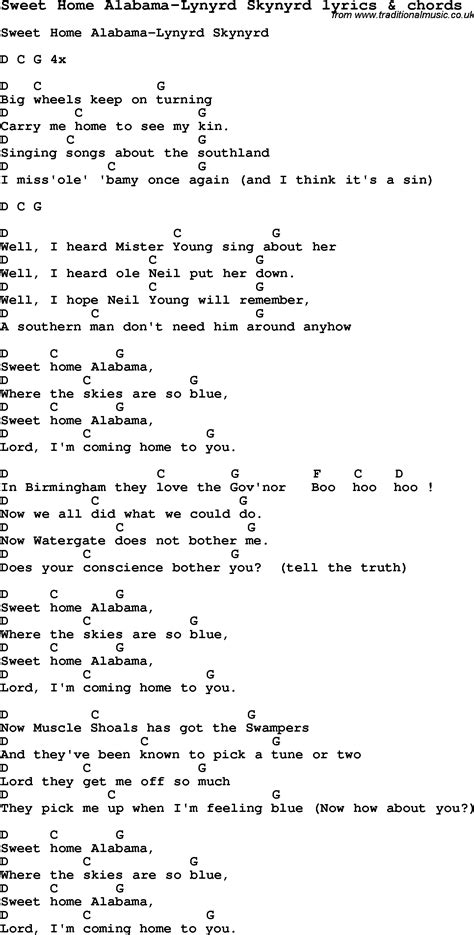 Love Song Lyrics Forsweet Home Alabama Lynyrd Skynyrd With Chords
