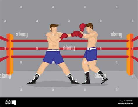 Vector Cartoon Illustration Of Two Muscular Barechested Boxers Wearing Boxing Gloves Fighting In