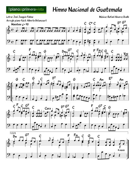 Himno Nacional De Guatemala Partitura Fácil En C Sheet Music For