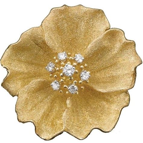 18k Gold Textured Flower Pin With Diamonds 7950 Liked On Polyvore