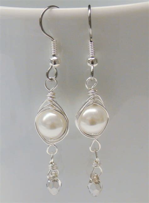 White Pearl Earrings With Crystal Drop Rustic Passion