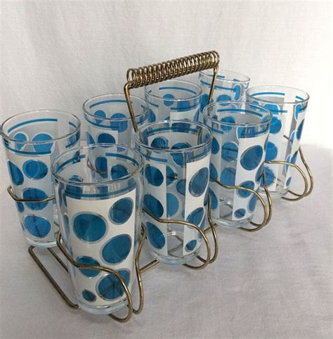 Vintage Hazel Atlas Barware Set 8 Retro Blue Bubbles Polka Etsy