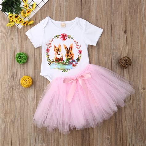 Newborn Baby Girls Easter Bunny Tops Romper Tutu Skirt Dress Outfits