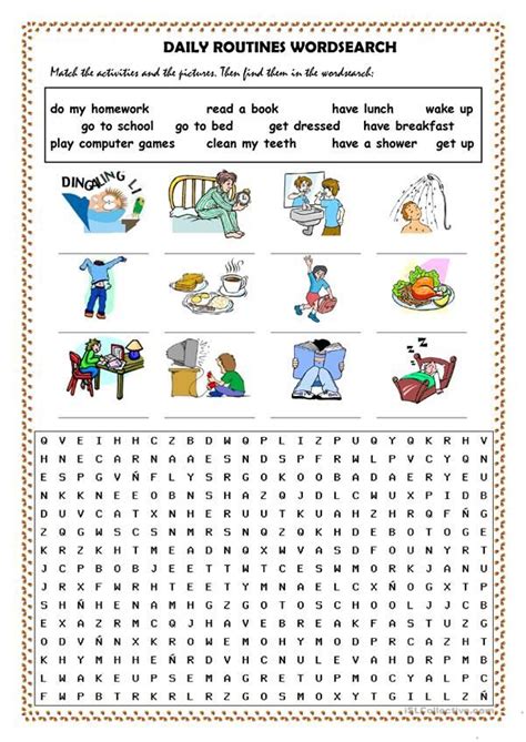 Daily Routines Picture Dictionary And Wordsearch Worksheet Free ESL