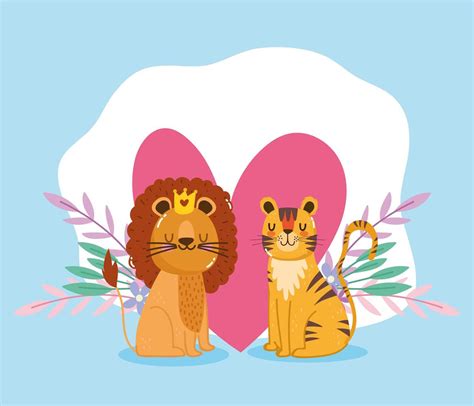 Cute Cartoon Animals Lion And Tiger Flowers Heart Love Adorable 1836483