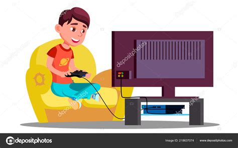 En este caso, parece que. Pequeño niño jugando videojuegos en el sofá vector ...