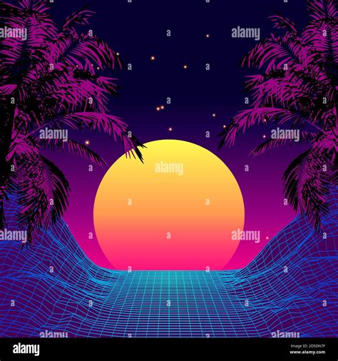 Retro 80s Style Tropical Sunset With Palm Tree Silhouette And Gradient