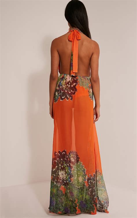 Alina Bright Orange Tropical Print Plunge Maxi Dress