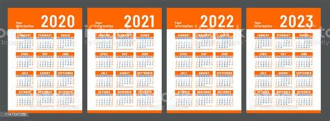 Calendar 2020 2021 2022 And 2023 English Color Vector Set Week Starts