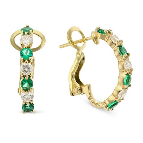 K Yellow Gold Round Emerald And Round Diamond Half Hoop Earrings