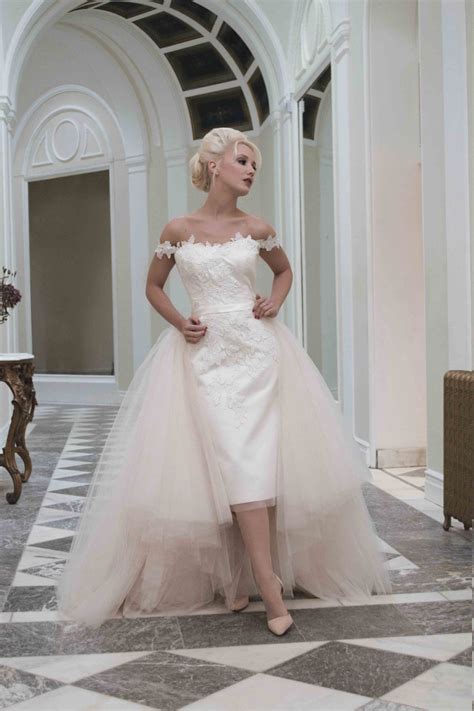 Ready to have the virtual wedding of your dreams? Vintage figure hugging pencil off the shoulder wedding dress