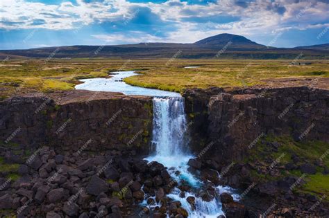 Premium Photo Aerial View Of The Oxarafoss Waterfalls In Iceland