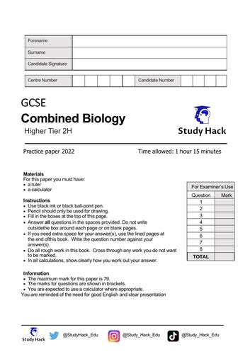 Aqa Combined Science Gcse Biology 2022 Practice Paper 2h Teaching