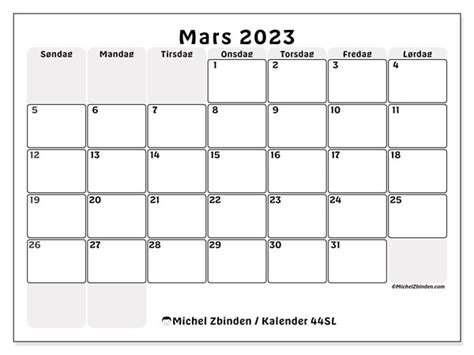 Kalender For Mars 2023 For Utskrift “44sl” Michel Zbinden No
