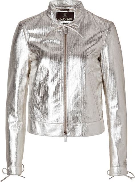 Roberto Cavalli Metallic Leather Jacket In Silver Lyst