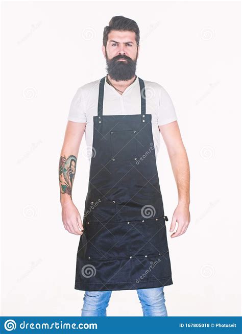 Waiter Or Bartender Ready Serve Drink Bearded Hipster Wear Apron Man Cook Brutal Hipster