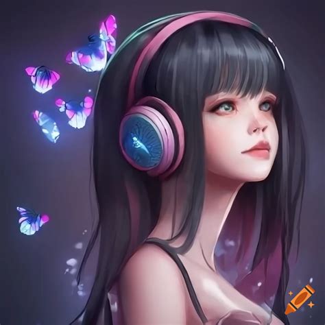 Realistic Anime Girl With Pink Ear Headphones And Glowing Butterflies