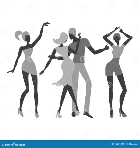 Group Of Young Dancing People Black And White Vector Illustration