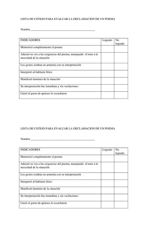 Doc Lista De Cotejo Para Evaluar La Declamacion De Un Poema Dokumen
