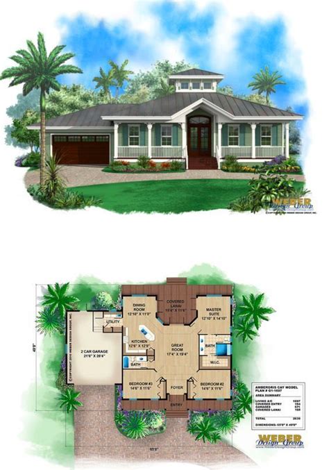 A fireplace serves as a focal point in the family room, and a. Ambergris Cay House Plan in 2020 | Small cottage house ...