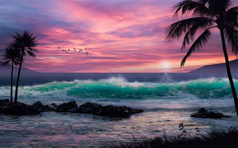Download Wallpapers Tropical Islands Evening Sunset Ocean Waves