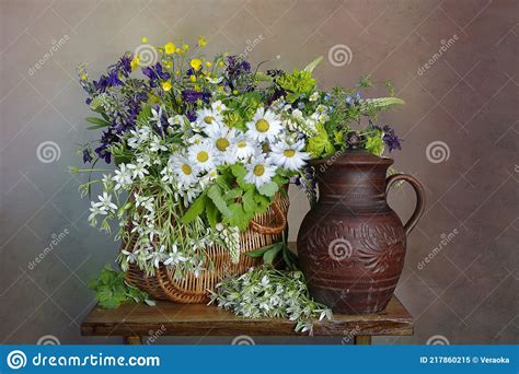 Still Life With Wildflowers In A Basket Stock Image Image Of Vase