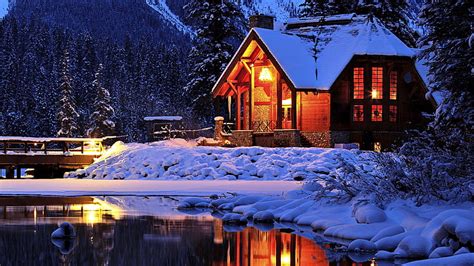 Cabaña De Invierno Nieve Bonito Noche Cabina Reflexiones Invierno