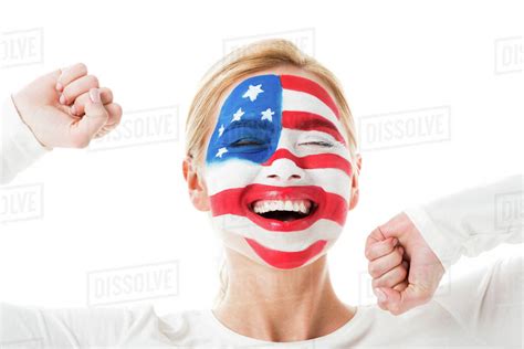 Happy Girl With American Flag Face Paint Isolated On White Stock